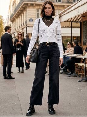 Express White V-Neck Crochet Button-Front Sweater